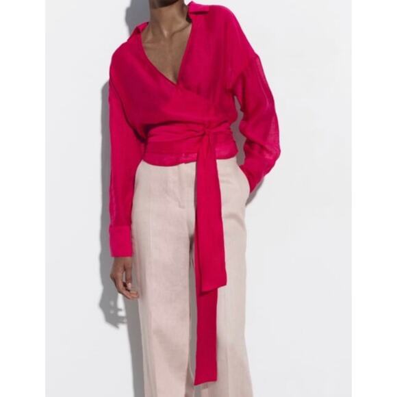 Zara Hot Pink Semi-Sheer Collared Wrap Top Sz S Ballet Fairy Feminine Gypsy - Picture 2 of 5